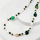 Earthy Grace Malachite and Green Agate 18k Gold Pearl Necklace