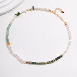 Earthy Grace Jade and Moss Agate 18k Gold Pearl Necklace